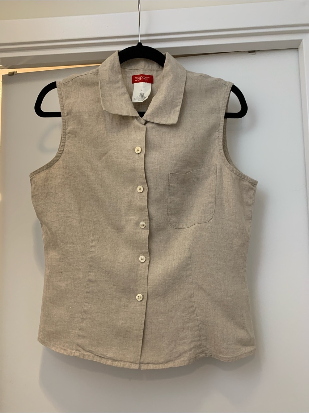 Esprit Sleeveless Linen Blend Button-Up Top in Light Taupe